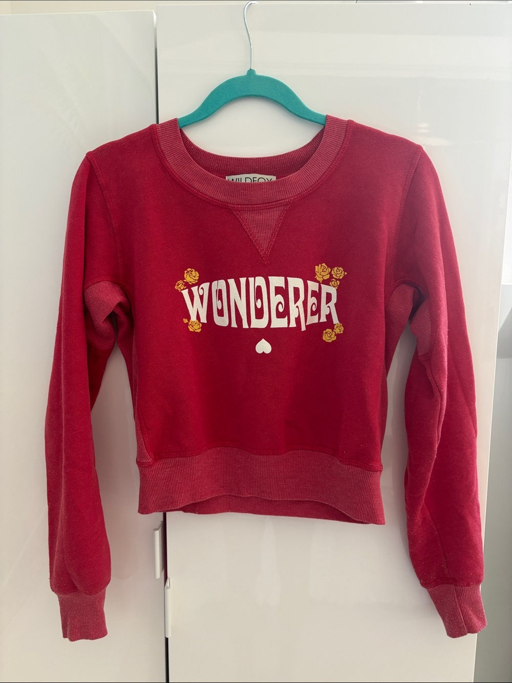 Wildfox Red "Wonderer" Graphic Crewneck Sweatshirt with Yellow Rose Accents
